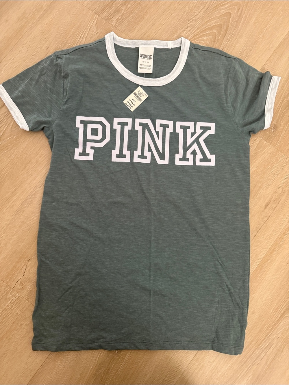 PINK Victoria's Secret Green Ringer Tee with White Trim